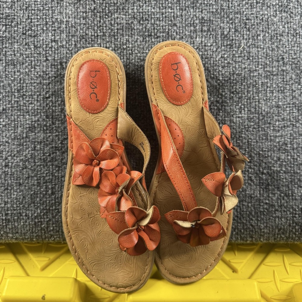 B.o.c Flower Thong Sandals Womens 9 Orange Wedge Comfort Floral BC0005876